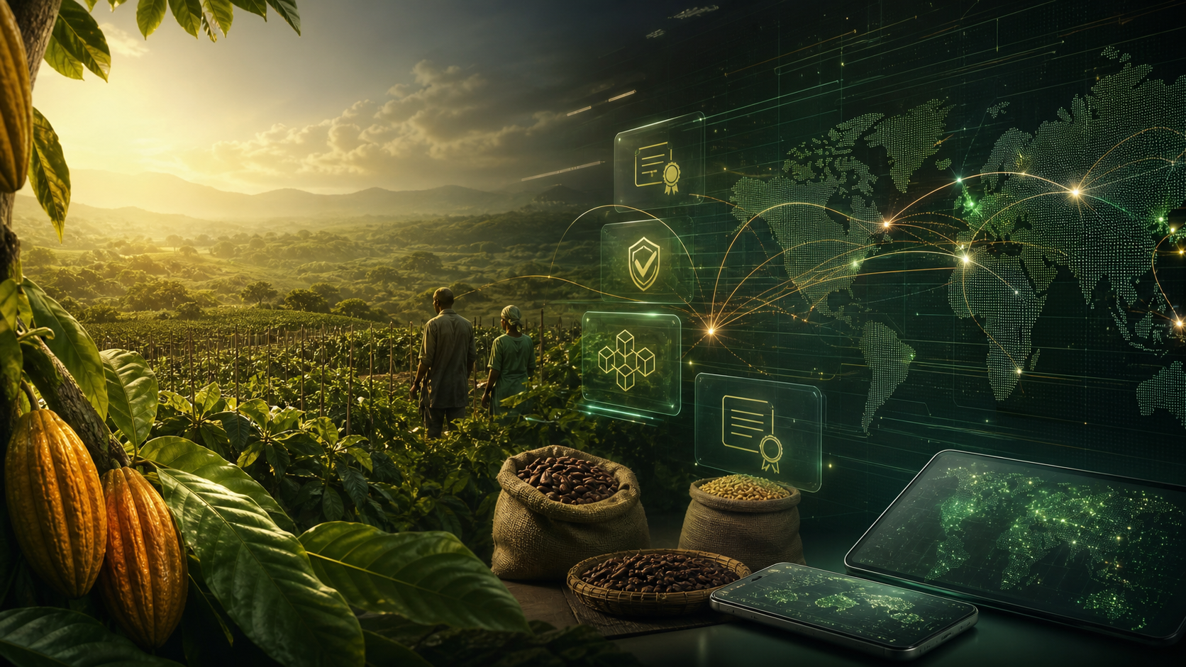 Agricultural farms connected to digital global trade infrastructure
